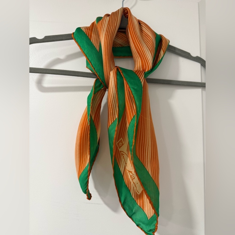 Anne Klein Silk Square Scarf Orange Green Striped Vintage - Picture 3 of 4